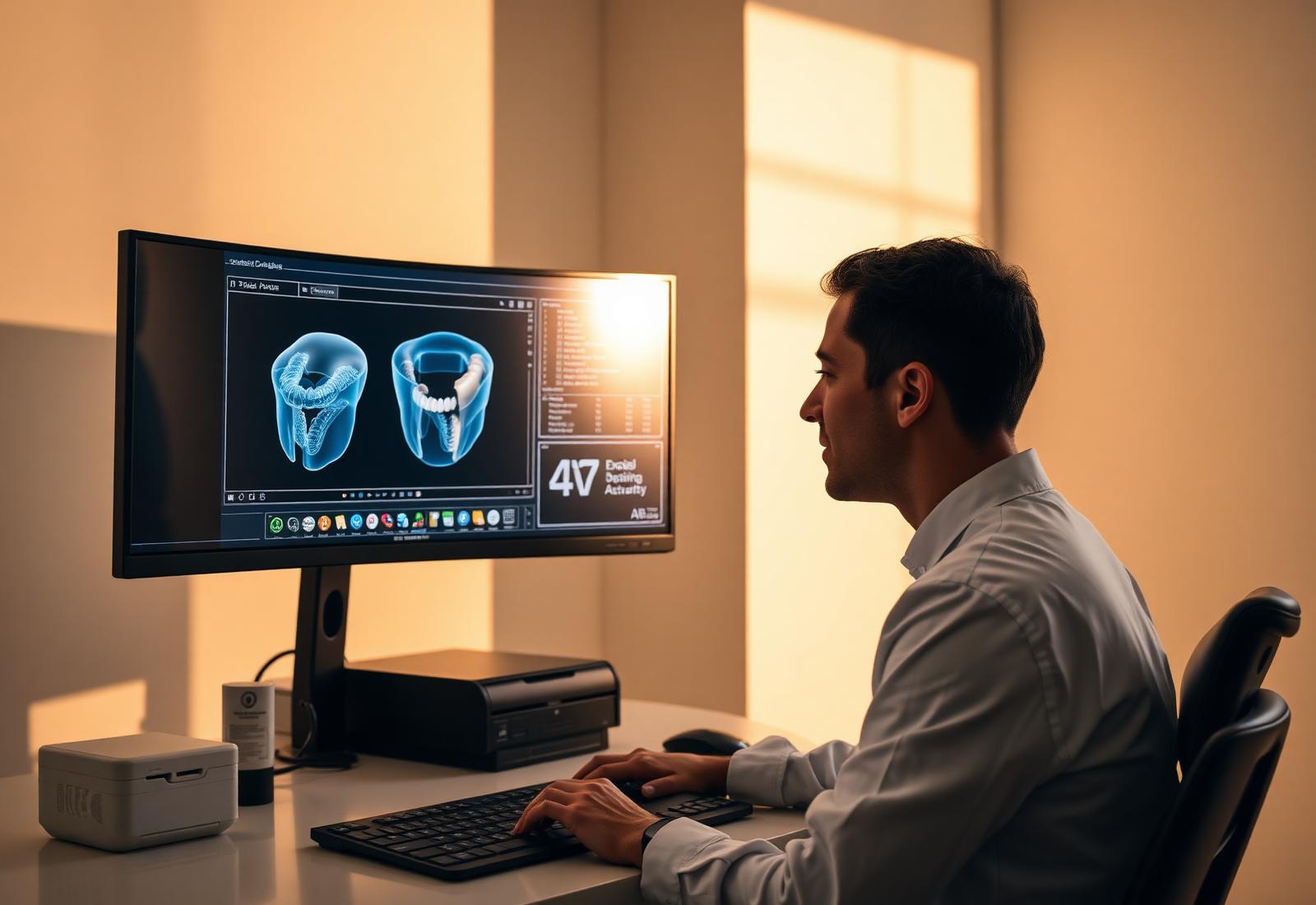 Technicien travaillant sur écran CAD pour modélisation 3D dentaire